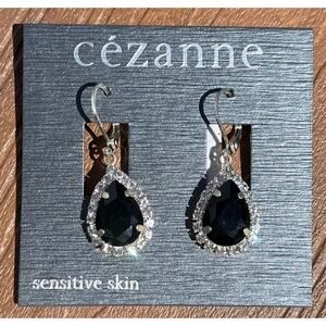 Cezanne Black Crystal Rhinestone Framed Pear Drop Earrings, NWT & Receipt